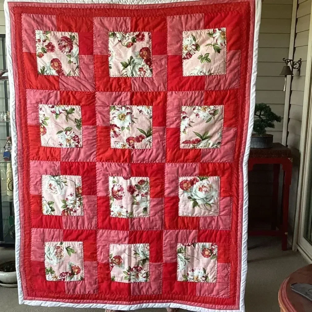 NWT. Floral Red and Pink Peonies Hand Crafted Quilt